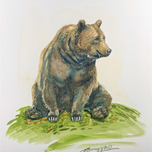 Original Aquarell, Bär auf Gras, 8x10, 220525