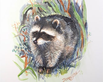 Original Watercolor painting, Raccoon in Bush , 8x10", 210416