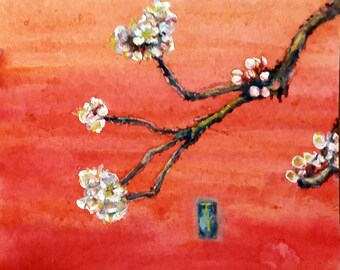 Pintura de acuarela original, primavera en la ciudad prohibida, 10 "x8", 1807316