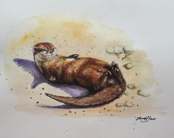 Watercolor painting original, Cute Otter, 19042417, 8"x10"