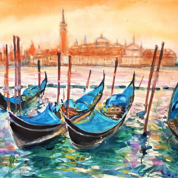 Impresión de pintura de acuarela original, Paisaje-Venecia Mañana, Papel tapiz026