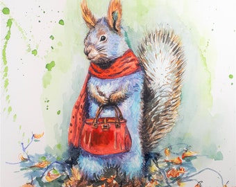 Original Watercolor painting, Dressed Squirrel, 8x10",202010141