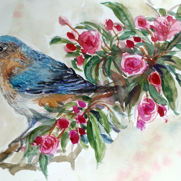 Printing of Original Water Color painting, Bird on flowers, Many Size,2020-11-12/12-1
