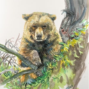 Original Watercolor Painting, Bear in Forest