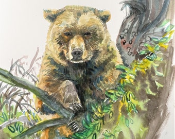 Original Watercolor Painting, Bear in Forest