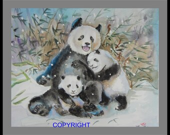 Original Water color painting, Giant Panda " Mommy's love is warm" 10x8in, anmial mother and baby, animal painting