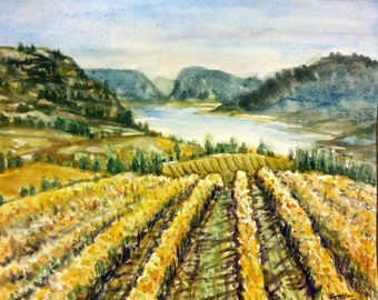 Original Watercolor Painting, Wine Field of BC Canada, 11x14&quot;, 17010505