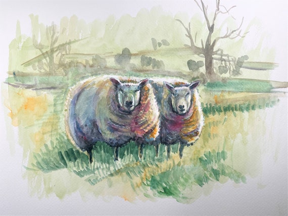 Printing of sold Original Watercolor Painting, Farm Sheep at Sunrise, 3  size option, 220129