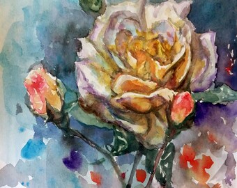 Pintura de acuarela original, rosas rosas blancas, 10"x8", 1803057