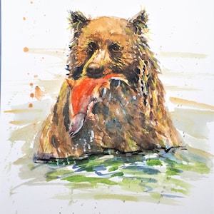 Original Aquarell, Bär essen Fisch, 20051606, 10 x 8 Zoll