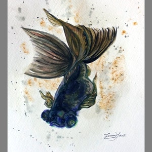 Original Water color Painting Printing, Golden Fish in Black, 1604618