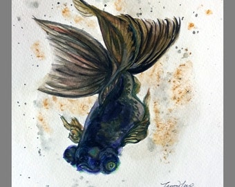 Original Water color Painting Printing, Golden Fish in Black, 1604618