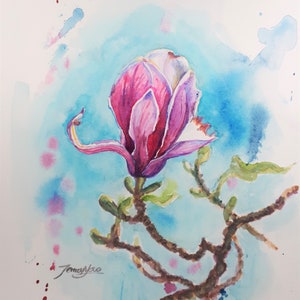 Oryginalny obraz akwarelowy, Różowe Magnolie, 202010192,8x10