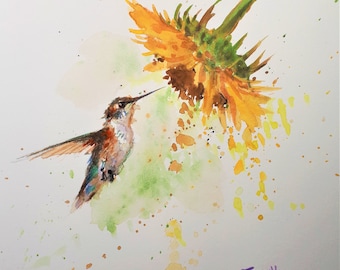Impression de peinture originale à l’aquarelle, Colibri à la fleur du soleil, 2020-05-07/004,