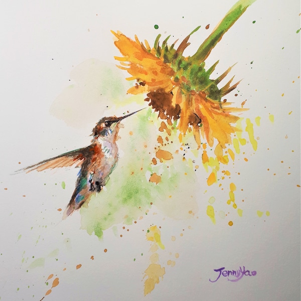 Druck von Original Aquarell, Kolibri mit Sonnenblume, 2020-05-07/004,