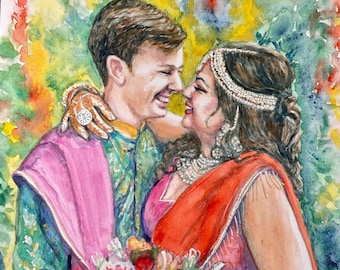 Custom Wedding Picture, Watercolor 2 people portrait Painting, with Fancy background, many size option