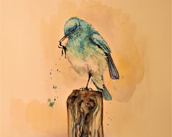 Pintura de acuarela original, pájaro azul, 19042410,10 "x8"