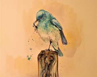 Original Watercolor Painting, Blue Bird, 19042410,10"x8"