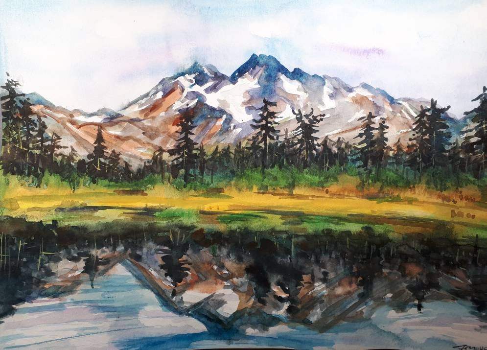 オリジナル水彩画、湖に映る山、11x15インチ、201125 - Etsy 日本