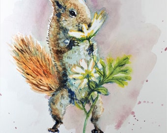 Original Watercolor painting, Squirrel with flower, 10"x8", 19062012