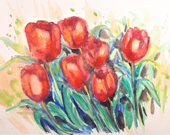 Original Watercolor Painting, Red Tulip Flower, 7x10", 210319