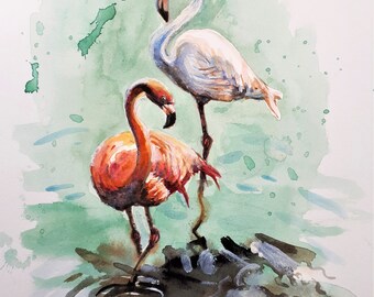 Original Watercolor Painting, Flemingal Birds, 20051616, 10x8 inch