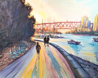 Printing of Original Watercolor painting, Vancouver Downtown Sunrise, 2020-10-26/048