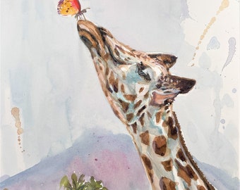 Druck von verkauften Original Aquarellmalerei, Giraffe und Buterfly, 220525