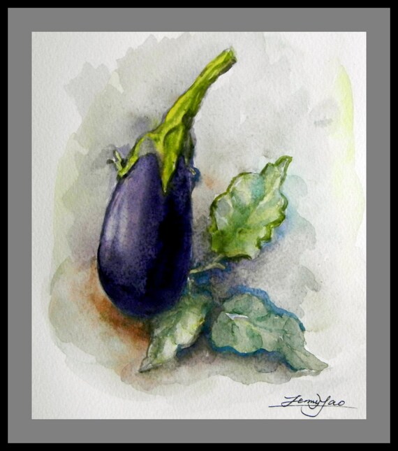 Original Watercolor Painting Vegetable Eggplant With Mat Etsy