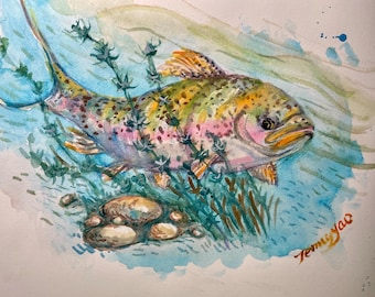 Acuarela original, salmón en el río, 25 x 20 cm, 240822