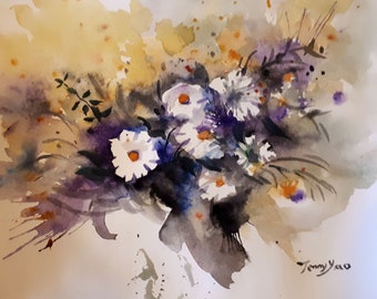 Original Watercolor painting, Abstract IV, White Flower, 8"x10", 18120211