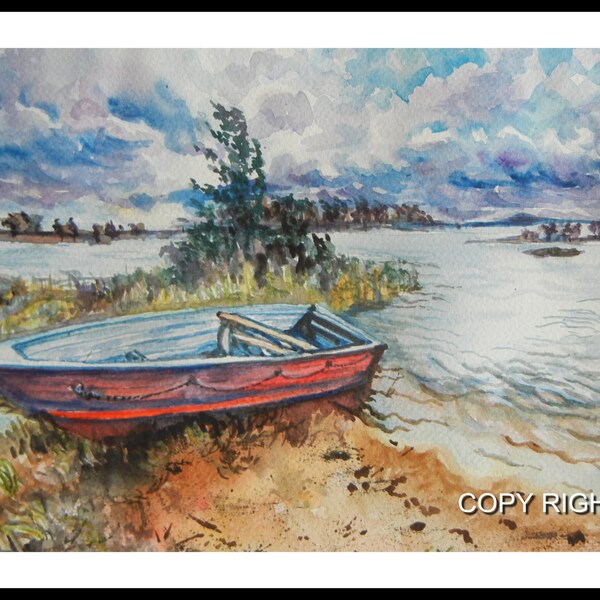 Original Water Color painting, Red Boat , landscape painting, boat 150120