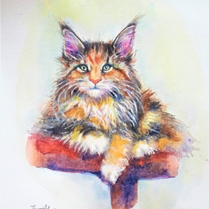 Printing of Sold Original Watercolor painting, Cat in Red Couch, 19042414,