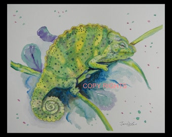 Original Watercolor painting,Chameleon 10x8 in, animal painting, green, purpla, blue, yellow