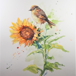 Printing of Original Watercolor Painting, Bird on Sunflower, 210919, 3 sizes