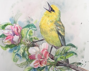 Original Watercolor Painting, Yellow Bird in Spring , 20201030, 10x8