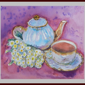 Original Aquarell, Blume und Teetasse 10 x 8 in, rosa, rot, lila,