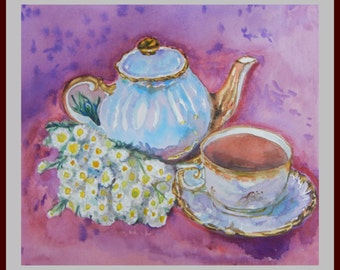 Original Watercolor painting, flower and tea cup  10x8 in, pink, red, purple,