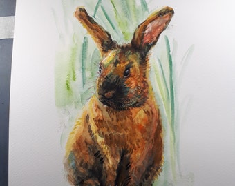 Original Watercolor Painting, Rabbit With Black Face, 9x12, 210911