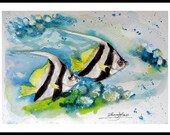 Original Water Color painting, Strip Fish, With Mat 10"x8", 150214