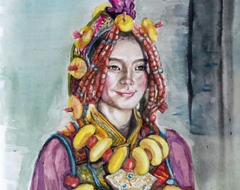 Original Watercolor painting, Tibet Woman Portrait, 15x12inch, 180294