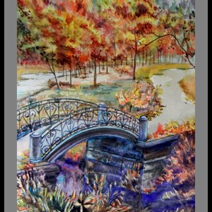 Il colore acqua originale dipinto, Vancouver Park a Fall-The Bridge, carta formato 11 "x 14"