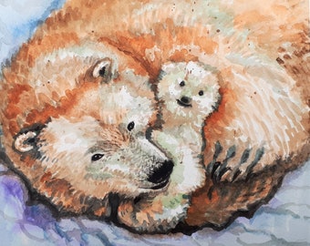 Original Watercolor Painting, Polar Bear Family, 8x10", 1911213