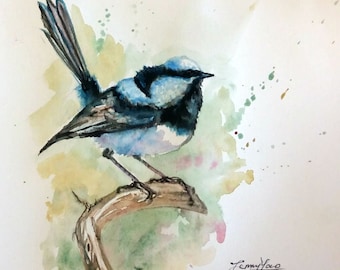 Pintura original en acuarela, pájaro azul y negro, 171211-2, 10" x 8"