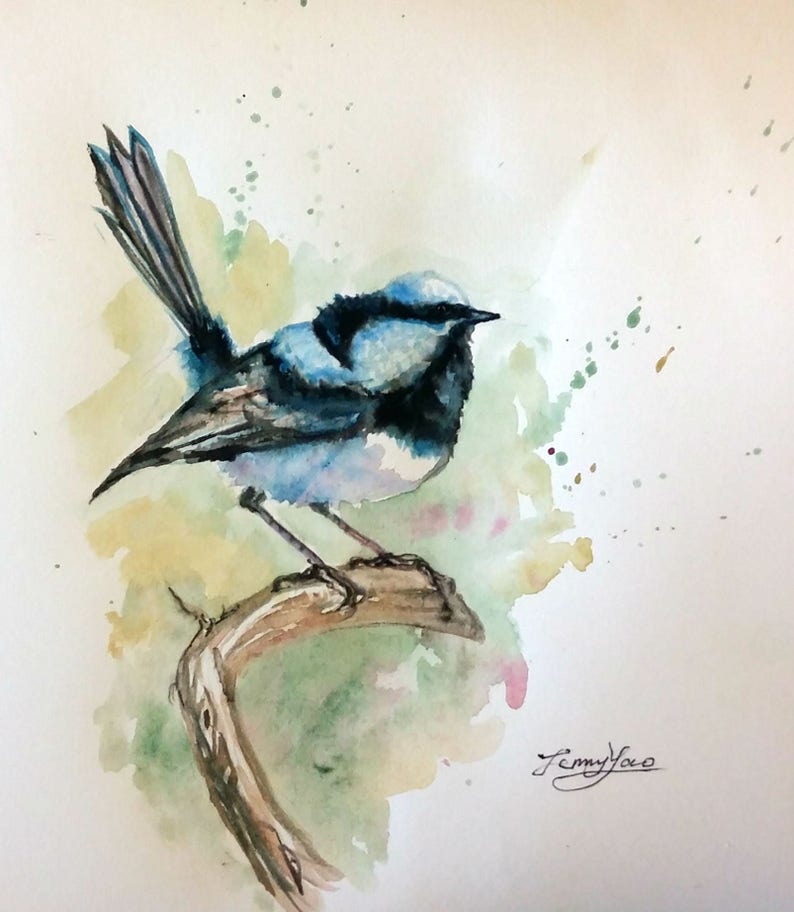 May include: Watercolour painting of a blue and black bird perched on a branch. The background is a light wash of green and yellow with splatters of paint.