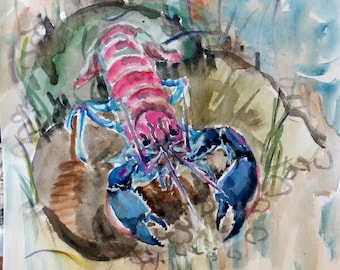 Original Watercolor painting, colorful Crayfish, 10"x8", 1803056