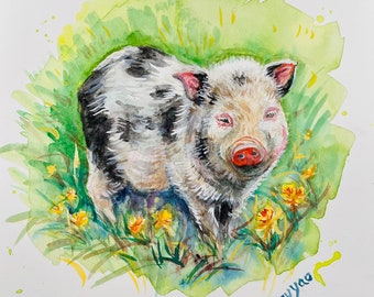 Original Watercolor Painting, Cute Pig, size 8x10, 230820