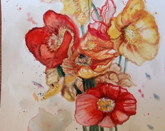 Original Watercolor Painting, Red, Yellow Poppies, 10"x8", 1803171