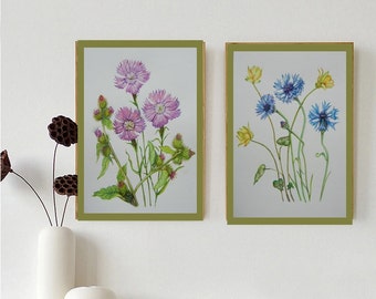 Original Water Color Painting Prints, Wild flowers Pink and Blue, Many Size, 2021-1-4
