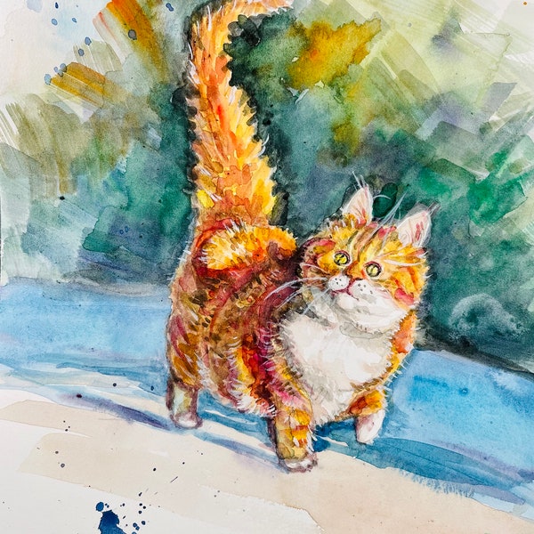 Original Watercolor Painting, Cat in Winter Snow, Size 8x10, 230820